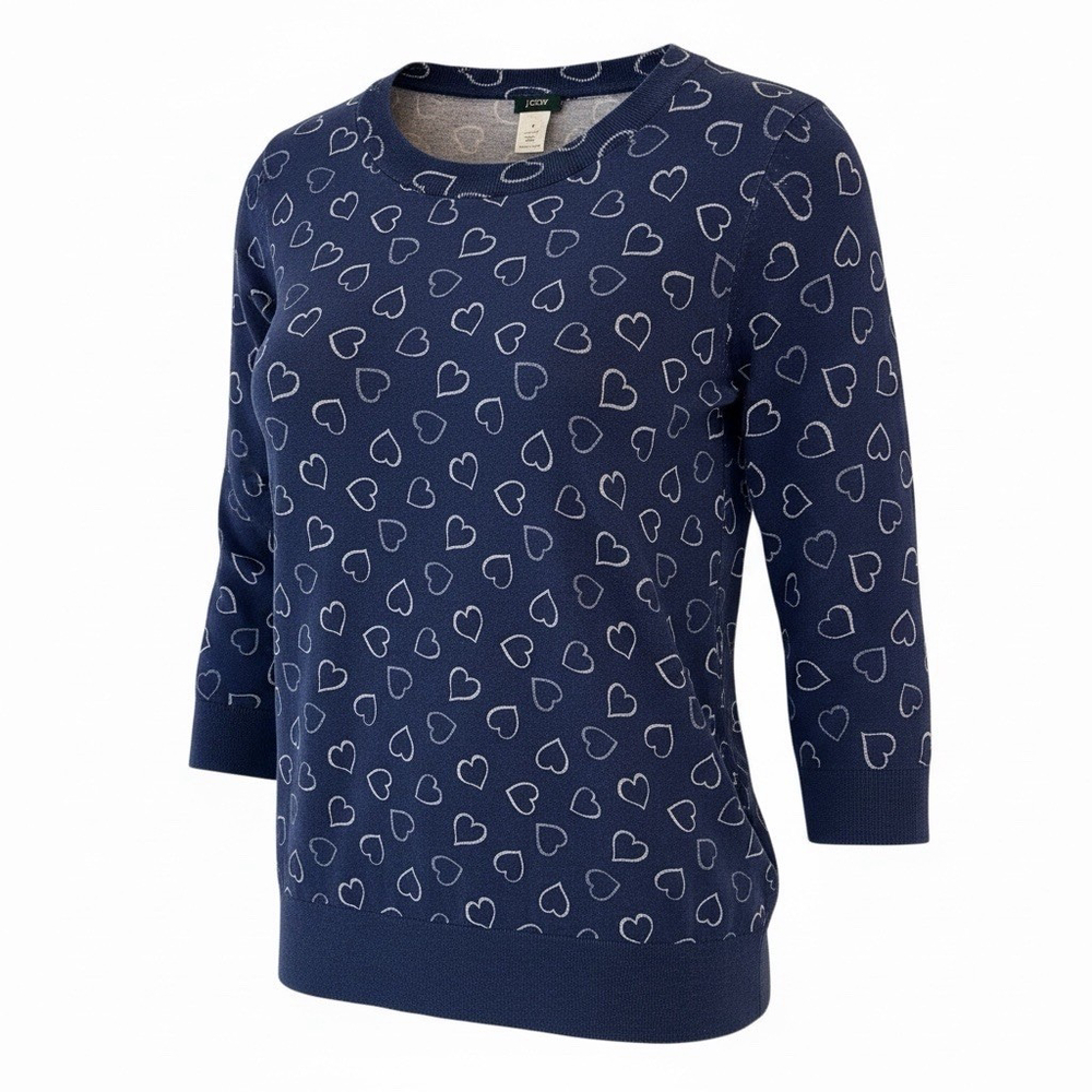 J.Crew Tippi Sweater Womens M Navy‎ Blue Heart Print Cotton Valentine Coquette
